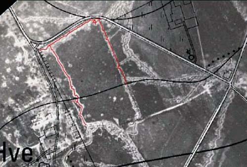 Warped onto a survey map to identifify locations, roads,  and buildings etc. July 1915.